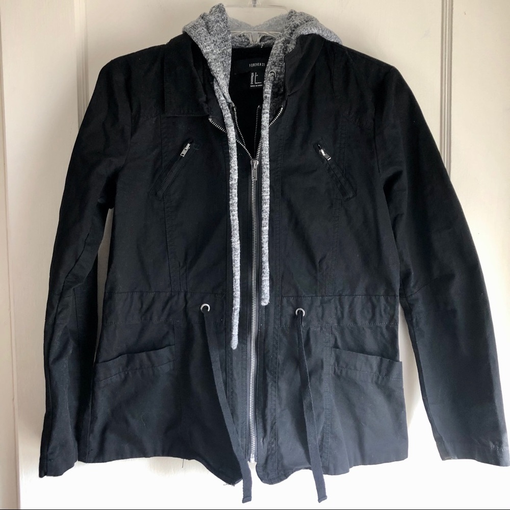 F21 Black Hooded Sweatshirt Jacket - Picture 2 of 5